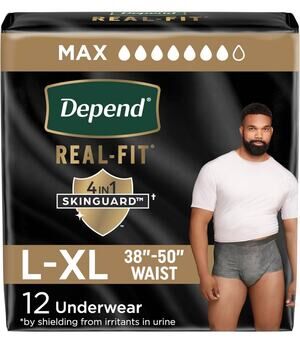 Depend Real-Fit Men’s Underwear L-XL 12 Ct – MAX Absorbency – 38”-50” Waist
